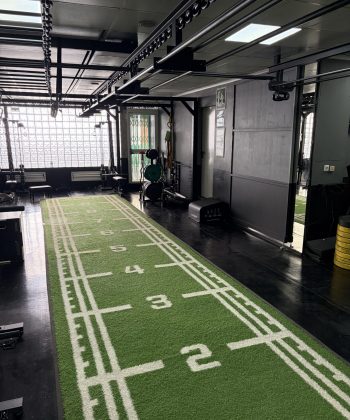 Zona de entrenamiento funcional con carril de césped artificial y estructura de calistenia.